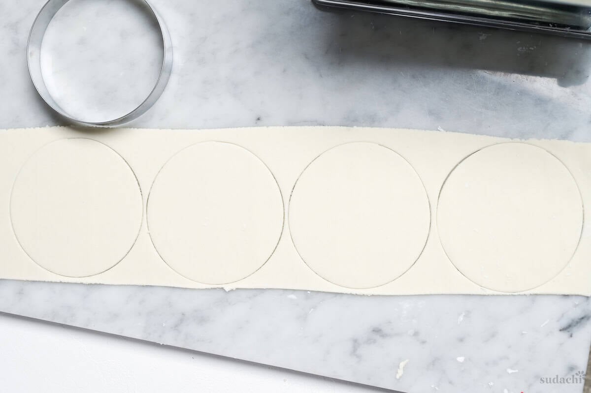 4 gyoza skins cut from one strip of dough