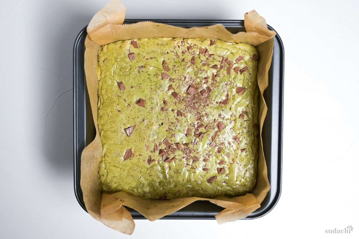 Matcha blondie after baking
