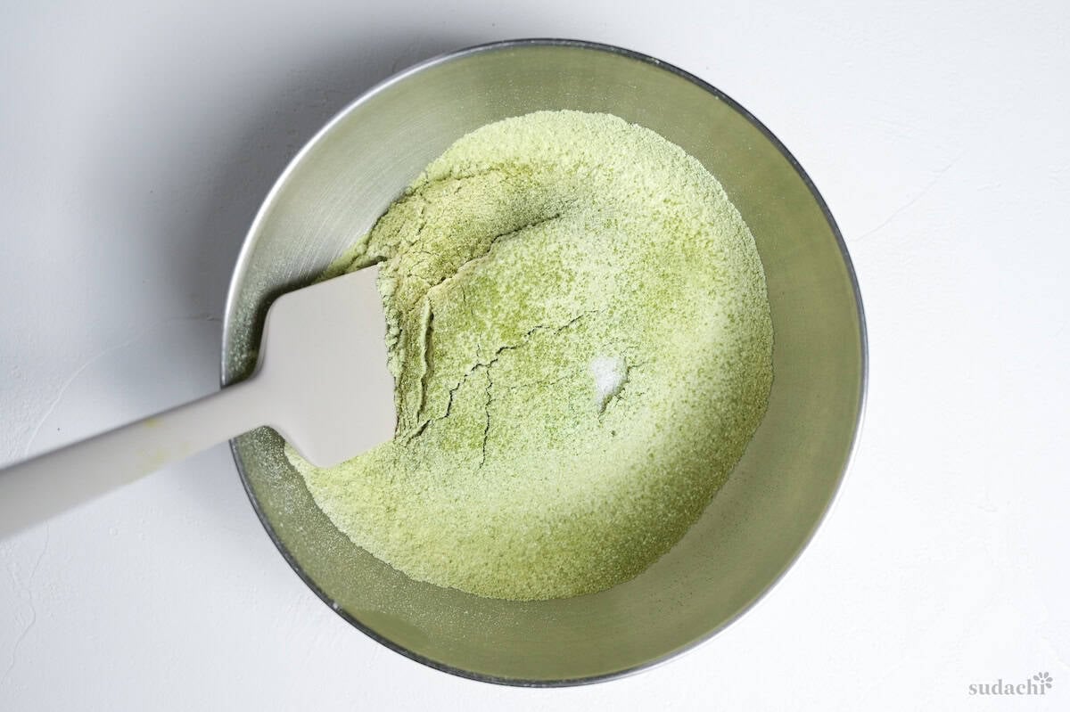 sifted all purpose flour and matcha in a bowl with silicone spatula and 1/8 tsp worth of salt