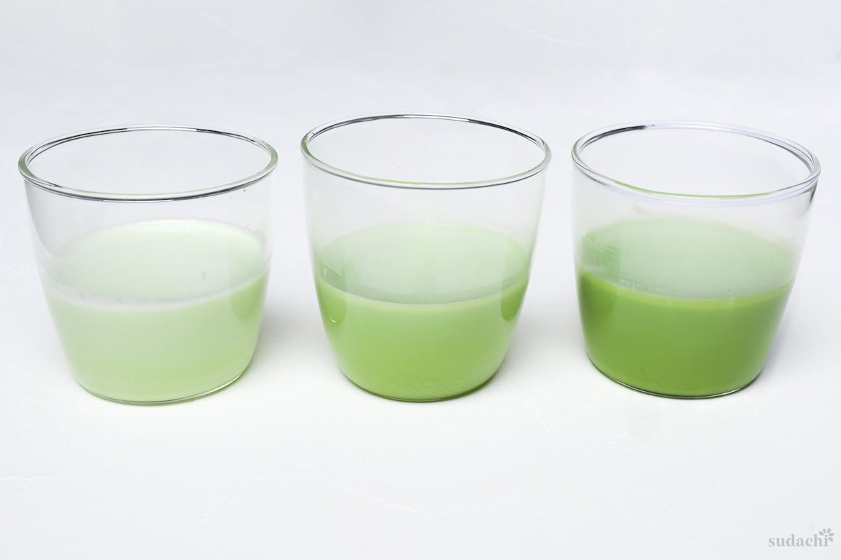 Three glass jars showing different strengths of matcha latte (mild, standard, strong)
