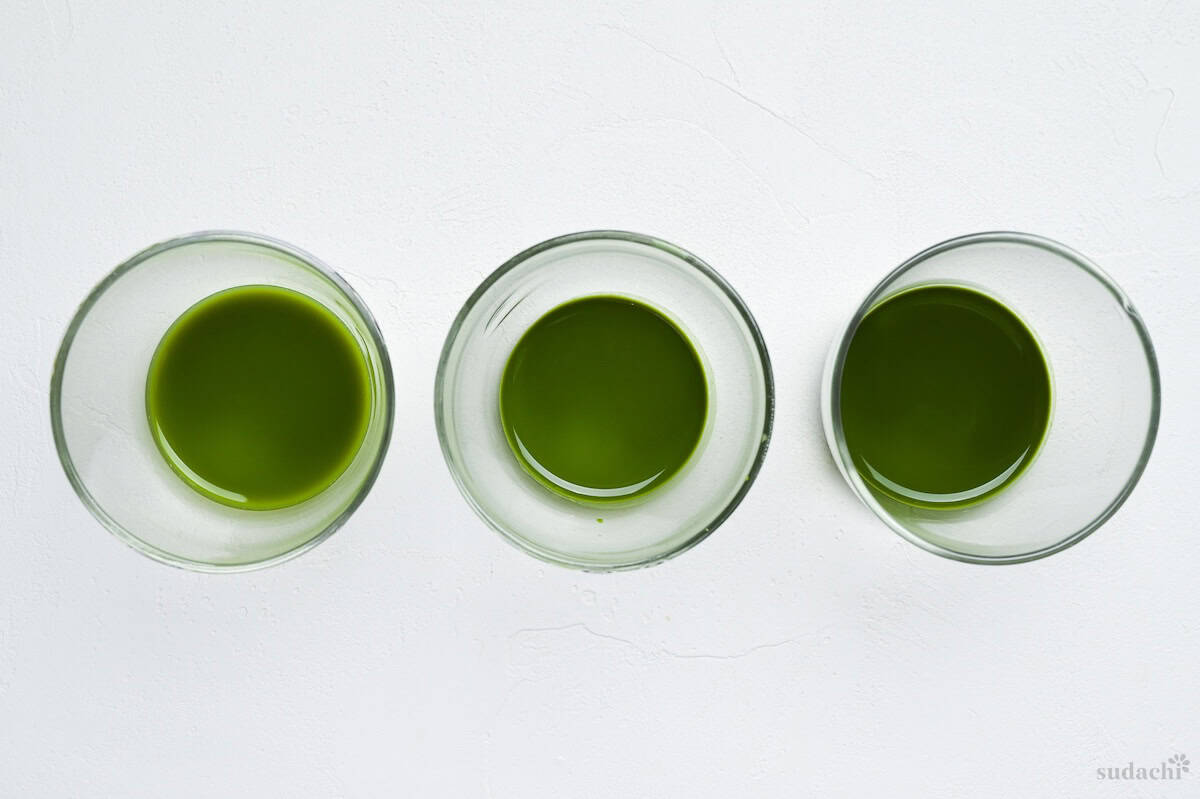 Three glass jars showing different strengths of matcha for lattes (mild, standard, strong)