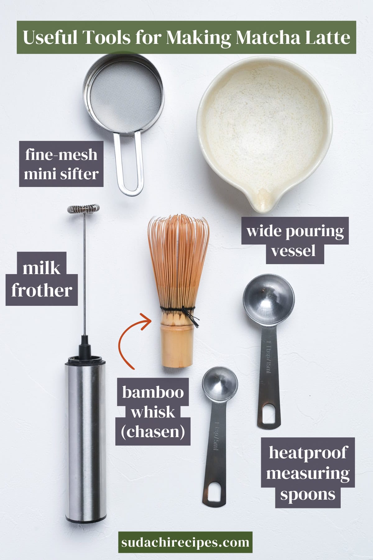 Useful tools for making matcha latte on a white background with labels. From top to bottom, left to right: fine mesh mini sifter, wide pouring vessel, milk frother, bamboo whisk (chasen), heatproof measuring spoons