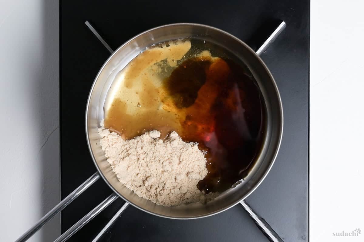 mirin, light brown sugar and soy sauce in a saucepan to make mitarashi sauce
