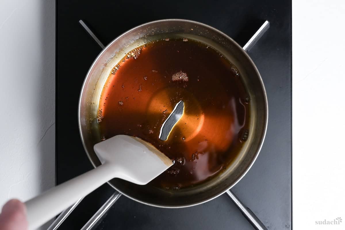 mitarashi sauce thickened in a pan
