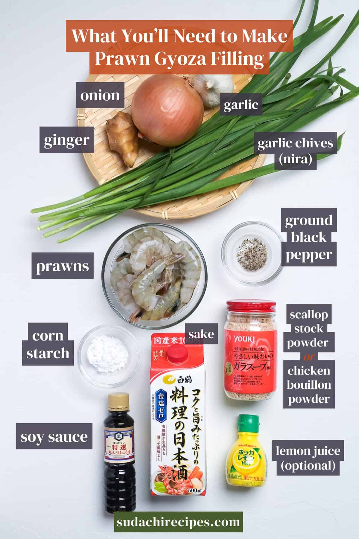 Ingredients needed to make prawn gyoza filling on a white background. From top to bottom, left to right: onion, garlic, ginger, garlic chives, prawns, ground black epper, cornstarch, sake, scallop stock powder or chicken bouillon powder, soy sauce, lemon juice (optional).
