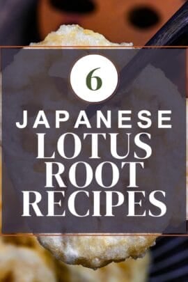 Japanese lotus root (renkon) recipes thumbnail with renkon tempura held up with black chopsticks in the background