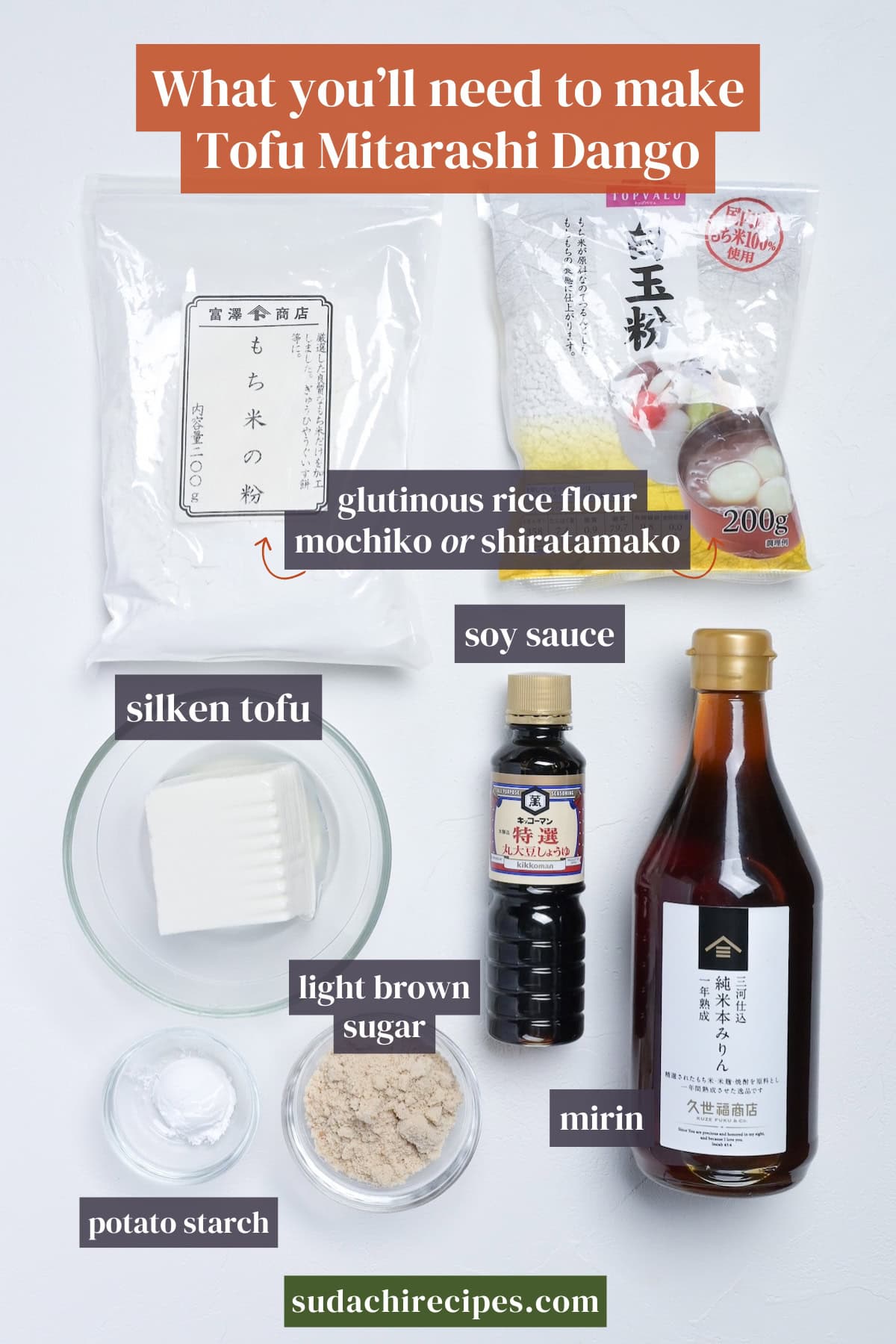Ingredients needed to make tofu mitarashi dango on a white background with labels. From top to bottom, left to right: mochiko or shiratamako, silken tofu, soy sauce, light brown sugar, mirin, potato starch.