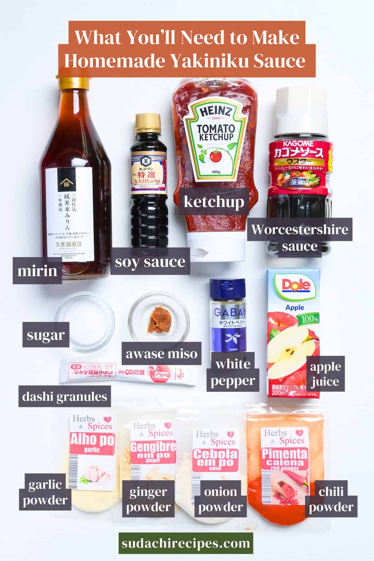 Ingredients needed to make homemade yakiniku sauce. From top to bottom, left to right: mirin, soy sauce, ketchup, Worcestershire sauce, sugar, awase miso, white pepper, apple juice, garlic powder, ginger powder, onion powder, chili powder.