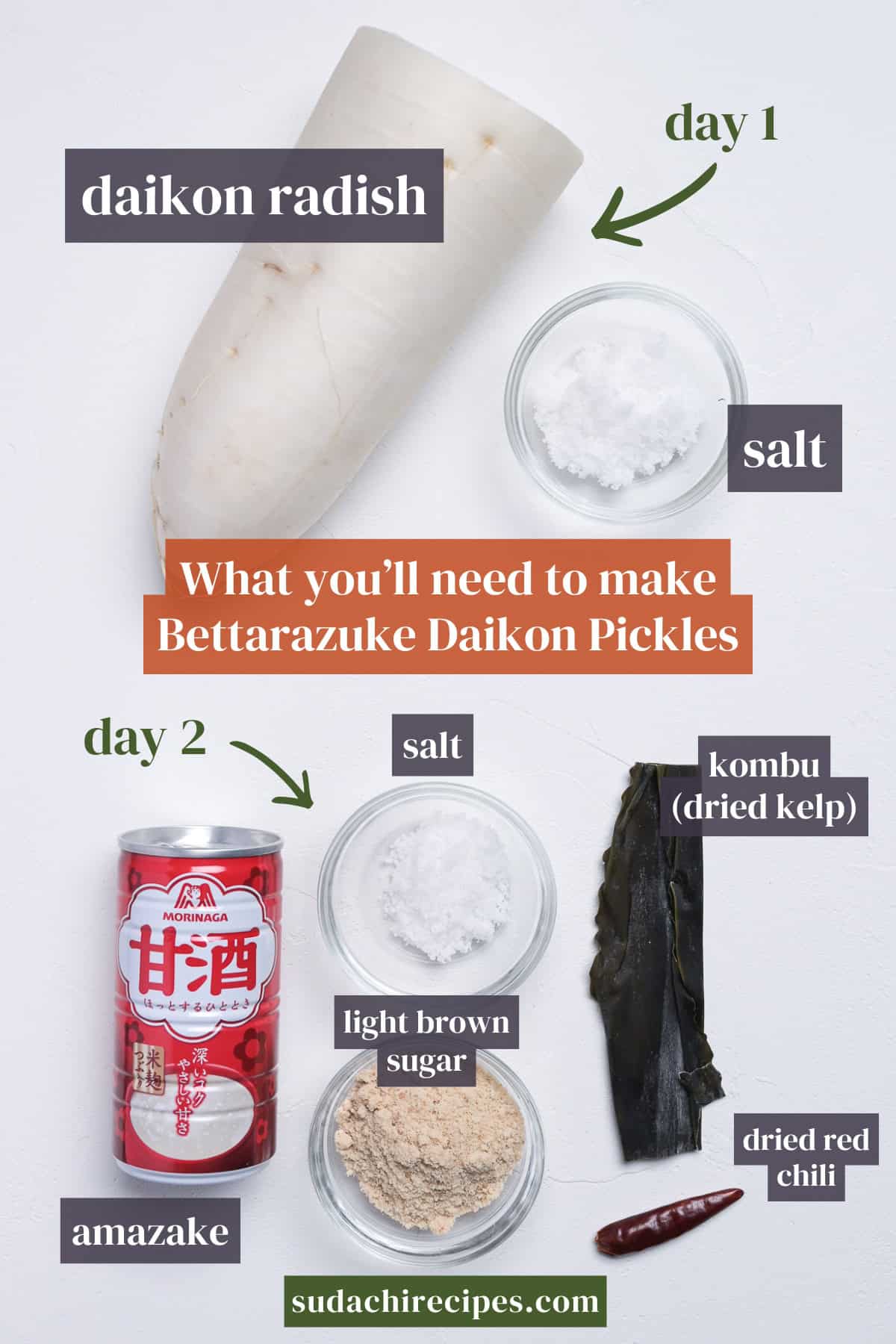Ingredients you will need to make bettarazuke daikon pickles. From top to bottom, left to right: Day 1: daikon radish, salt. Day 2: salt, kombu dried kelp, light brown sugar, amazake, dried red chili.
