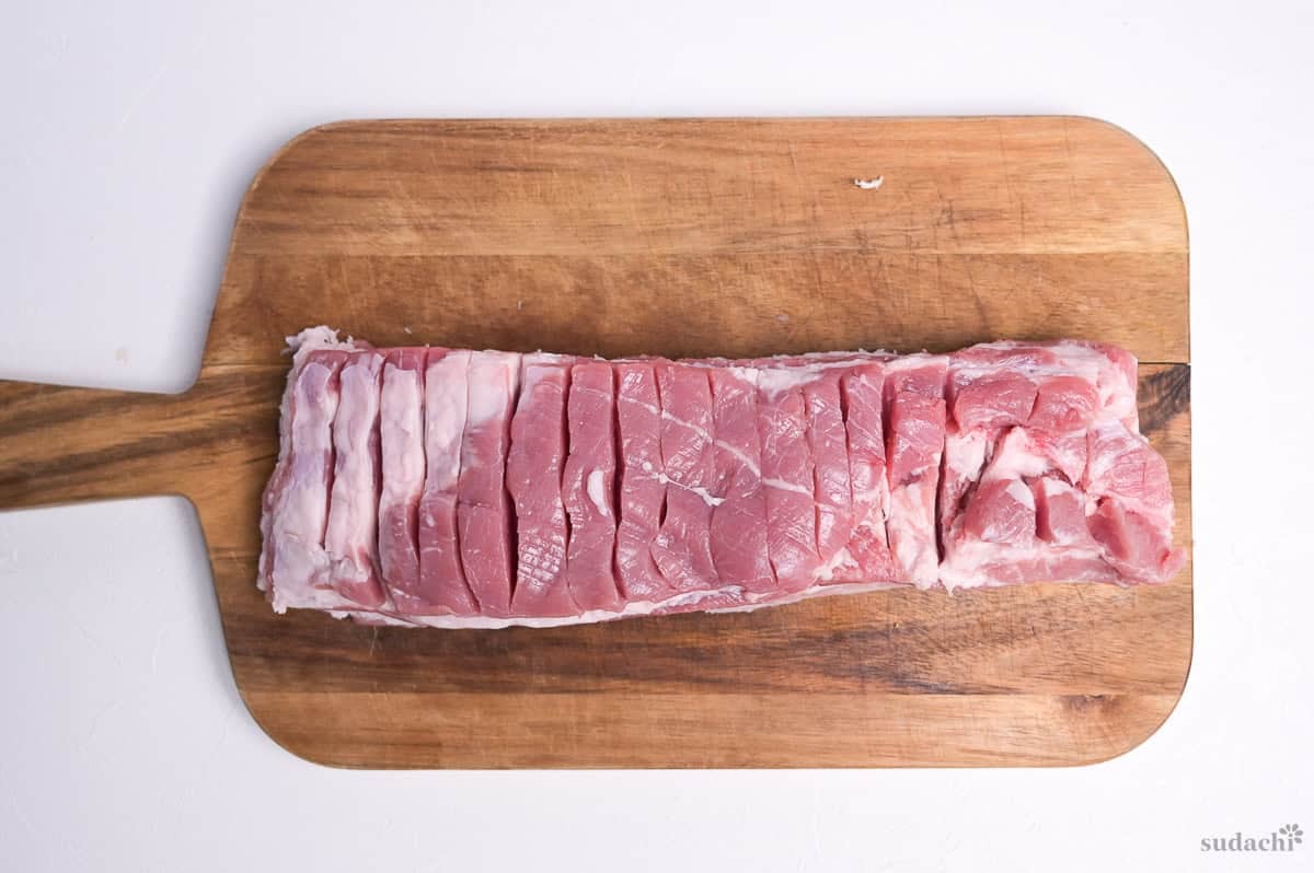 pork belly block with incisions for rolling