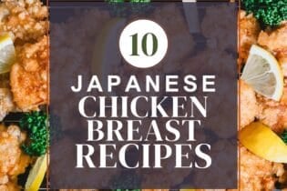 Japanese chicken breast recipe roundup thumbnail with chicken breast karaage in the background