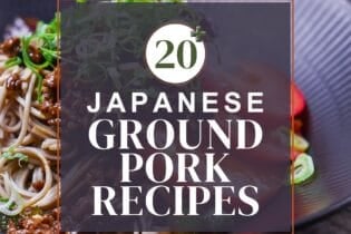 Japanese ground pork recipe roundup thumbnail with soba salad & miso meat sauce in the background