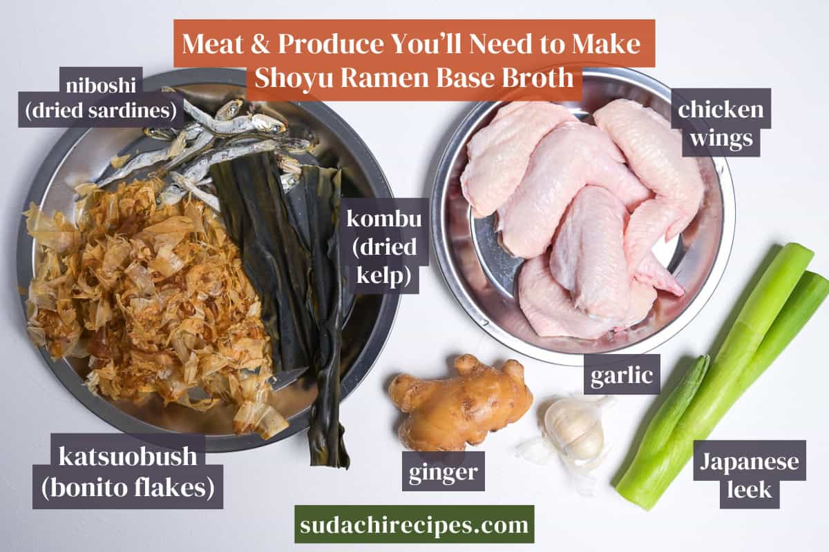 Ingredients needed for shoyu ramen base broth. From top to bottom, left to right: niboshi, kombu, chicken wings, katsuobushi, ginger, garlic, Japanese leek.