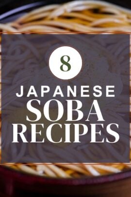 Japanese soba noodle recipe thumbnail with kake soba in the background