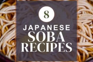 Japanese soba noodle recipe thumbnail with kake soba in the background