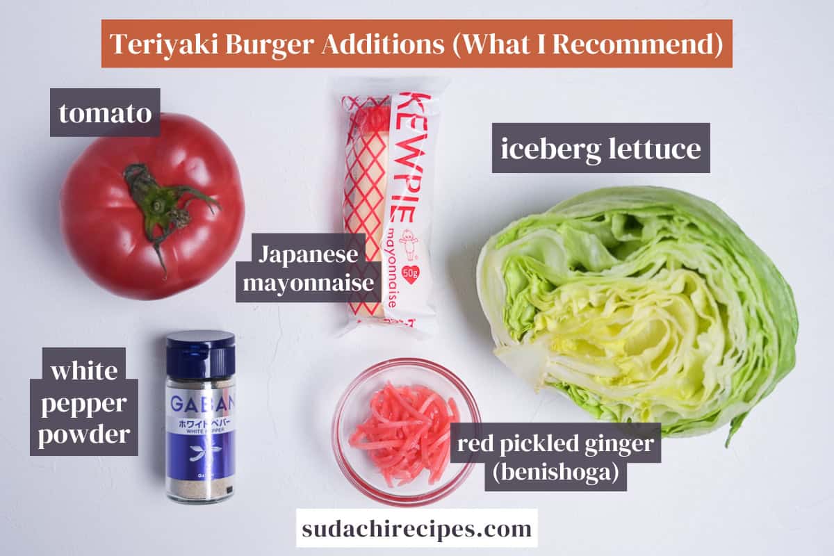 Ingredient additions for teriyaki burger. From top to bottom, left to right: tomato, Japanese mayonnaise, iceberg lettuce, white pepper powder, red pickled ginger (benishoga)