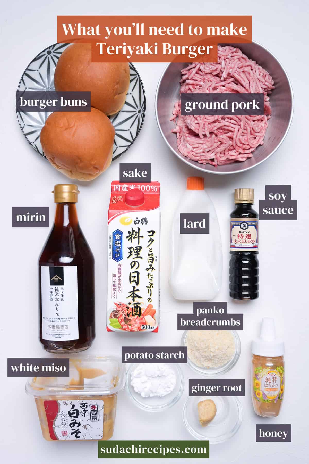 Ingredients needed to make teriyaki burger on a white background. From top to bottom, left to right: burger buns, ground pork, mirin, sake, lard, soy sauce, white miso, potato starch, ginger root, honey.
