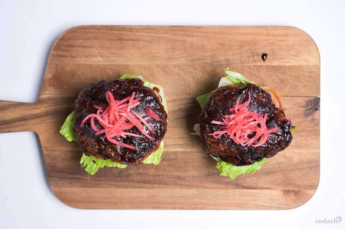 teriyaki pork patties topped with pink pickled ginger (benishoga)