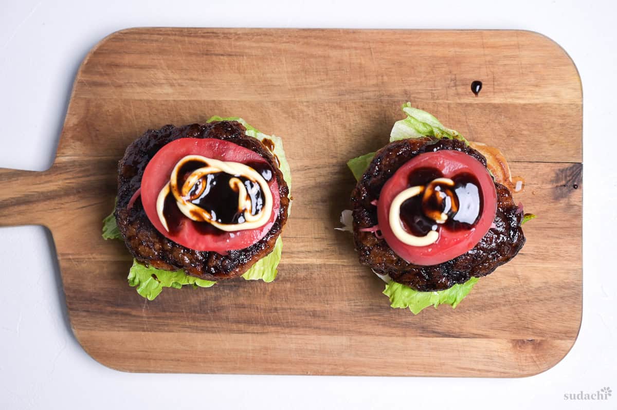 tomato slices topped with Japanese mayonnaise and leftover teriyaki sauce