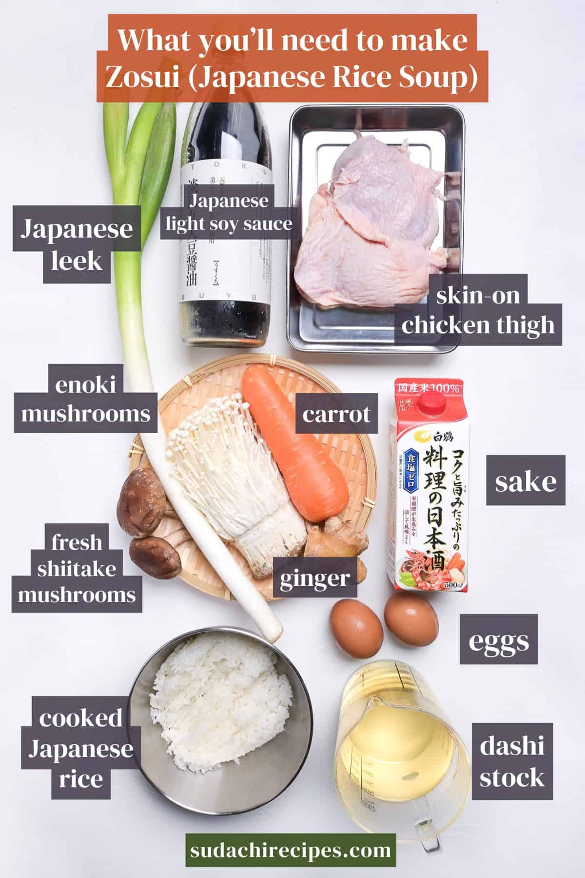 Ingredients you will need to make Japanese chicken zosui on a white background with labels. From top to bottom, left to right: Japanese leek, Japanese light soy sauce, skin-on-chicken thigh, enoki mushrooms, carrot, sake, fresh shiitake, ginger, cooked Japanese rice, eggs, dashi stock.