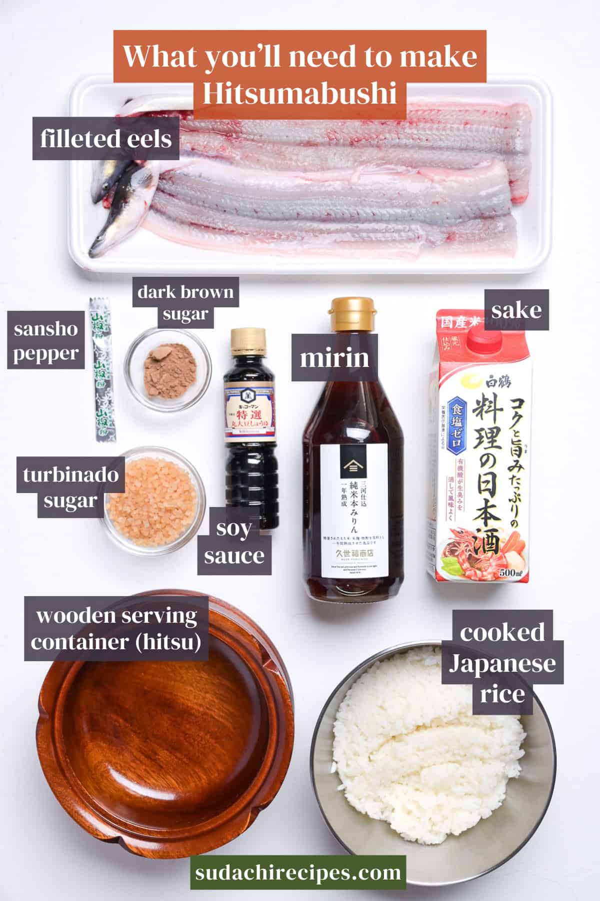 Ingredients needed to make hitsumabushi on a white background with labels. From top to bottom, left to right: filleted eels, sansho pepper, dark brown sugar, mirin, sake, turbinado sugar, soy sauce, wooden serving container (hitsu), cooked Japanese rice.