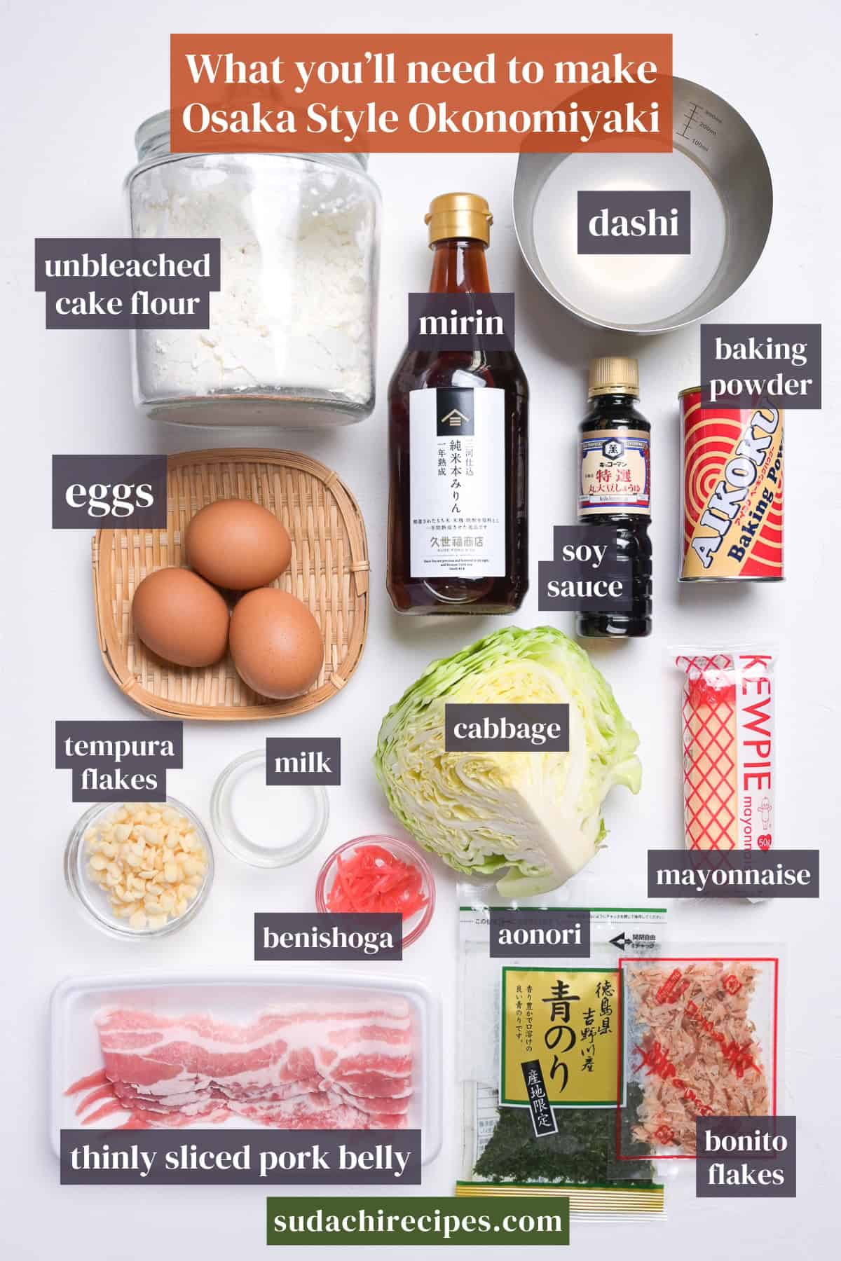 Ingredients needed to make Osaka style okonomiyaki. From top to bottom, left to right: unbleached cake flour, mirin, dashi, eggs, baking powder, soy sauce, tempura flakes, milk, cabbage, benishoga, aonori, mayonnaise, thinly sliced pork belly, bonito flakes.