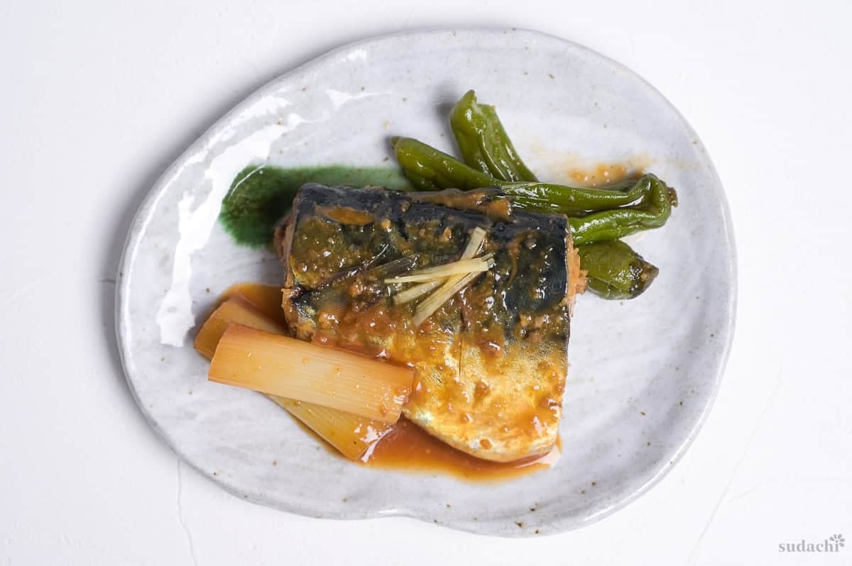 Miso simmered mackerel (Saba no Miso-ni) on an off-white plate served with Japanese leek and shishito peppers, topped with julienned ginger root.