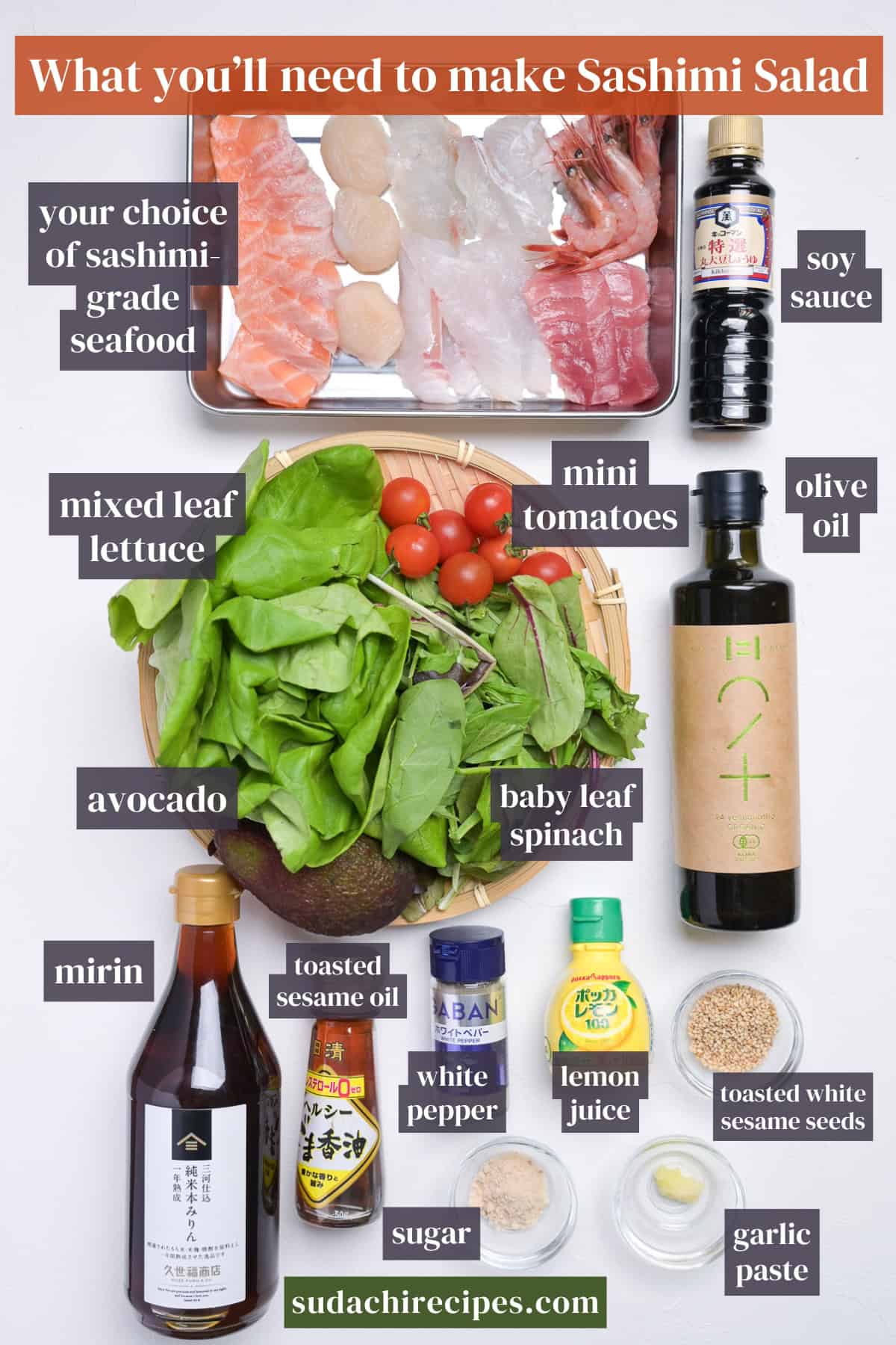 Ingredients you will need to make sashimi salad on a white background with labels. From top to bottom, left to right: your choice of sashimi-grade seafood, soy sauce, mixed leaf lettuce, mini tomatoes, olive oil, avocado, baby leaf spinach, mirin, toasted sesame oil, white pepper, lemon juice, toasted white sesame seeds, sugar, garlic paste.