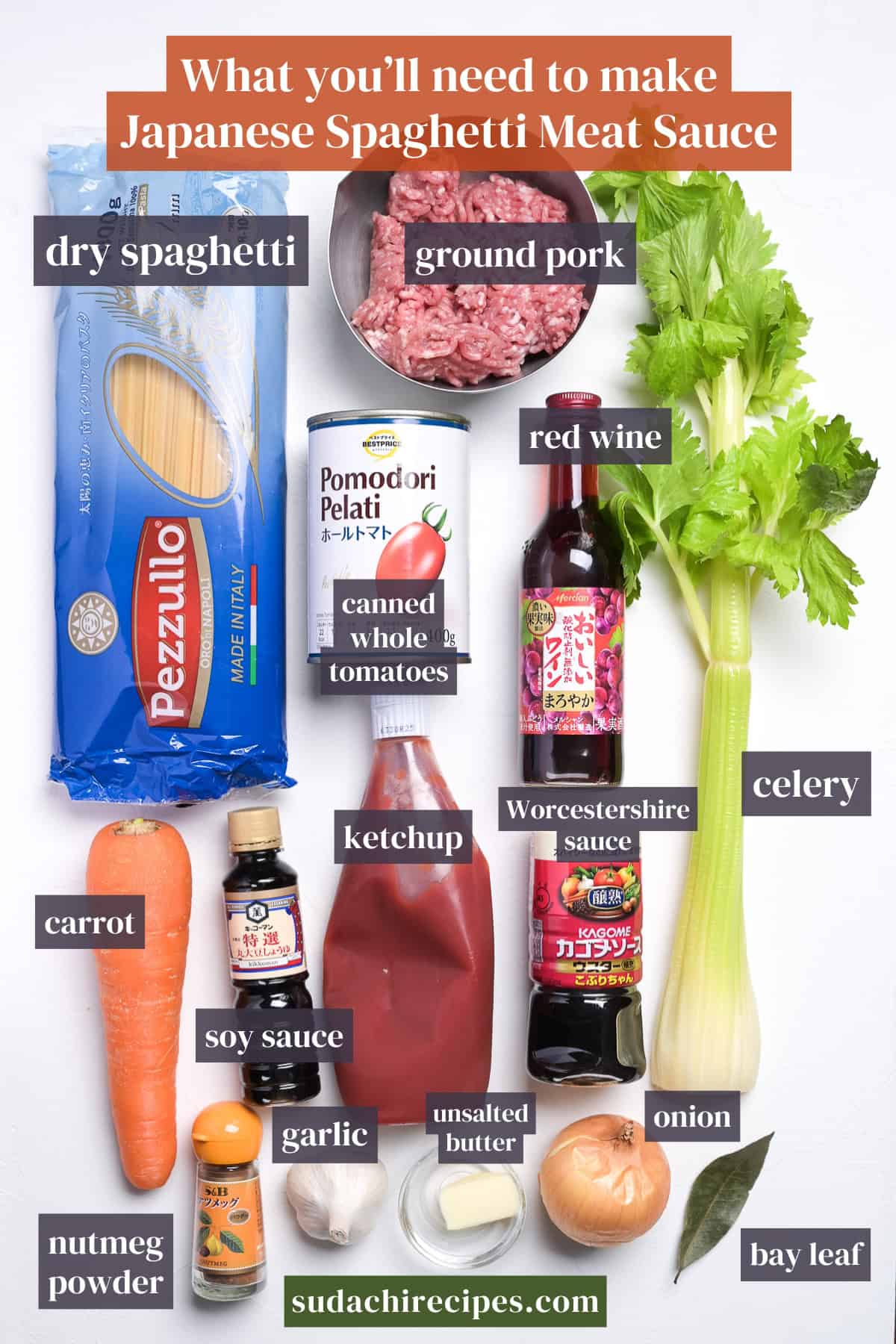 Ingredients needed to make spaghetti meat sauce. From top to bottom, left to right: dry spaghetti, ground pork, red wine, canned while tomatoes, carrot, ketchup, Worcestershire sauce, celery, soy sauce, nutmeg powder, garlic, unsalted butter, onion, bay leaf.
