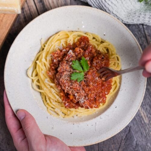 Japanese style spaghetti meat sauce topped with grated cheese and a piece of fresh parsley in an off-white pasta dish with a fork going in thumbnail