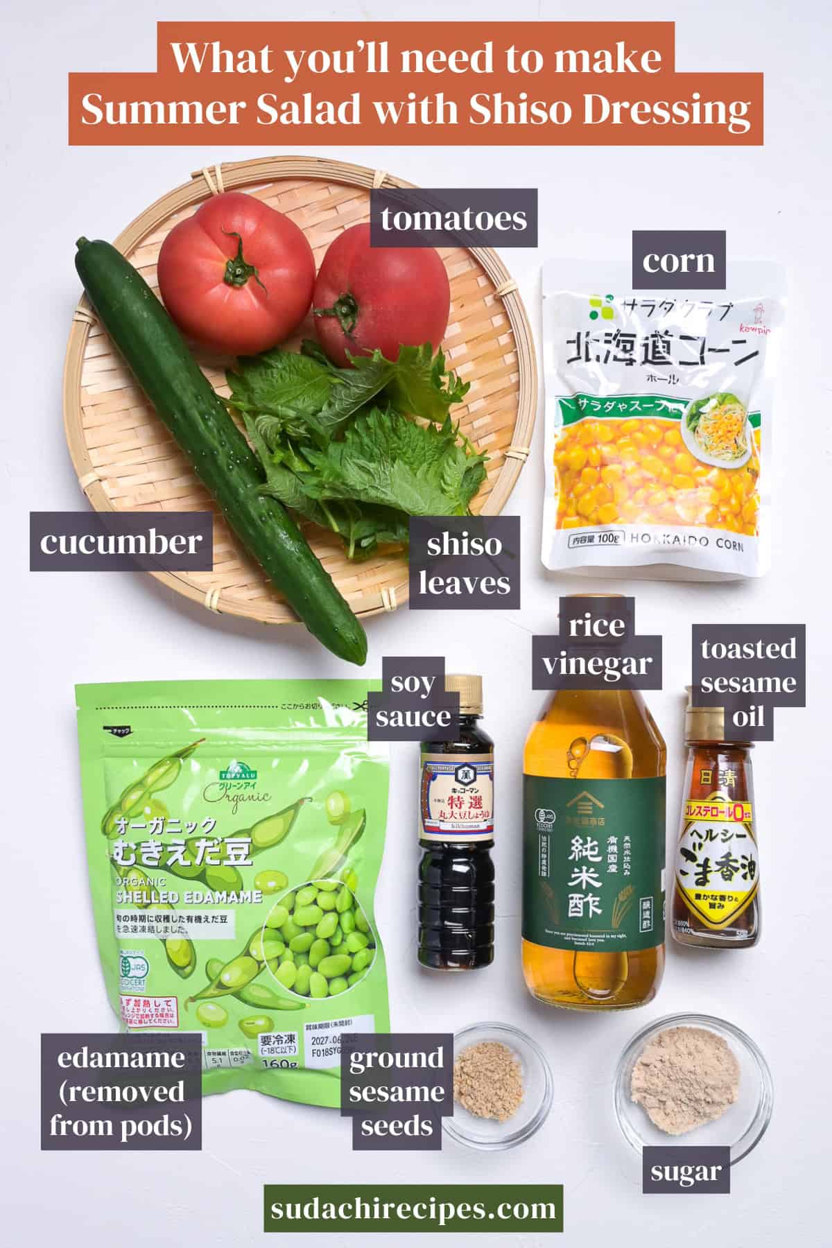 Ingredients you will need to make Japanese summer salad with fragrant shiso (perilla) leave dressing on a white background with labels. From top to bottom, left to right: tomatoes, corn, cucumber, shiso leaves, soy sauce, rice vinegar, toasted sesame oil, edamame, ground sesame seeds, sugar.