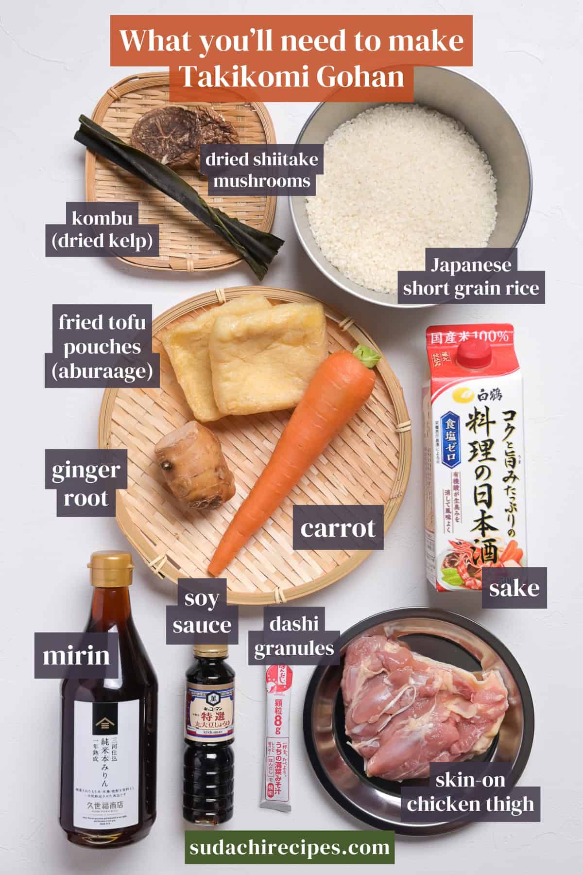 Ingredients needed to make takikomi gohan on a white background with labels. From top to bottom, left to right: kombu, dried shiitake mushrooms, Japanese short grain rice, fried tofu pouches, ginger root, carrot, sake, mirin, soy sauce, dashi granules, skin-on chicken thigh.