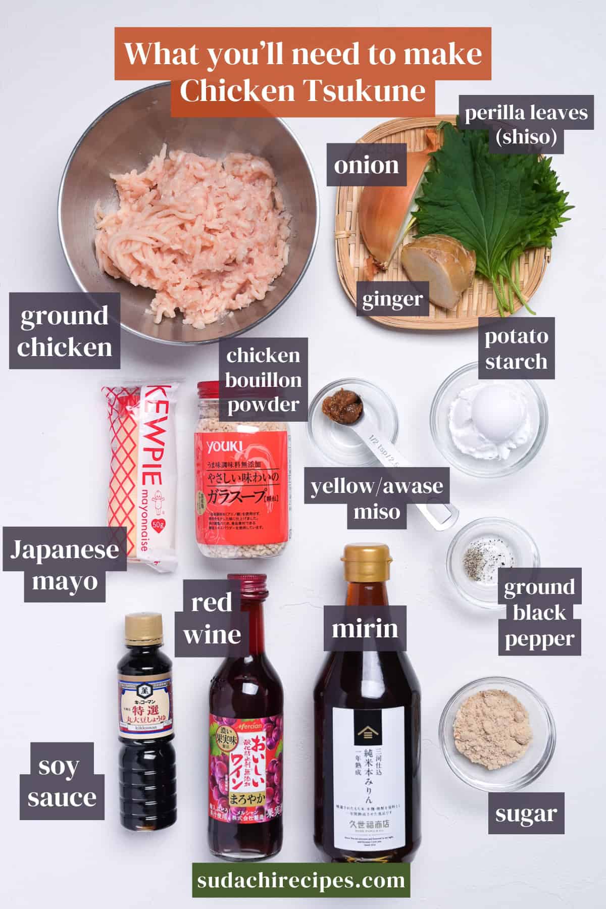 Ingredients needed to make chicken tsukune on a white background with labels. From top to bottom, left to right: perilla leaves, onion, ground chicken, chicken bouillon powder, ginger, potato starch, Japanese mayo, yellow miso, soy sauce, red wine, mirin, ground black pepper, sugar.