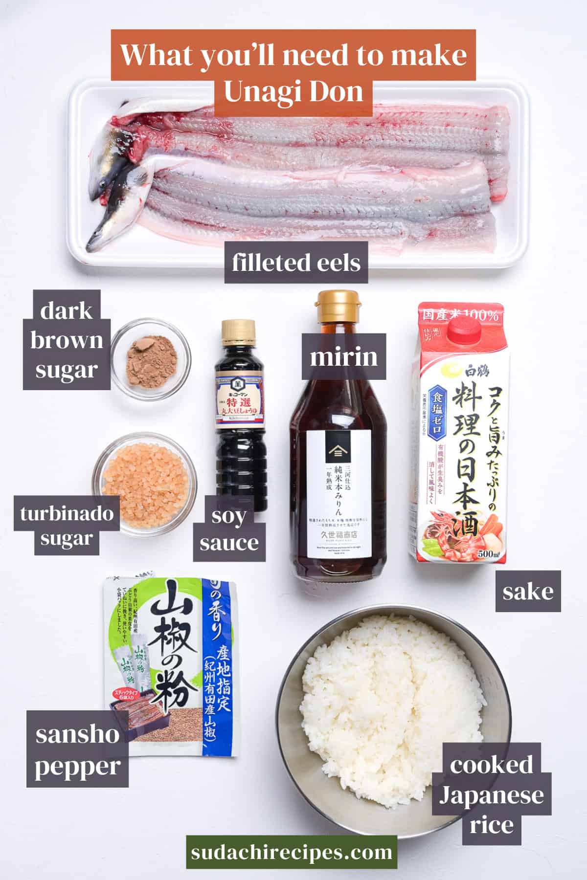 Ingredients needed to make unagi don on a white background with labels. From top to bottom, left to right: filleted eels, dark brown sugar, mirin, turbinado sugar, soy sauce, sake, sansho pepper, cooked Japanese rice.
