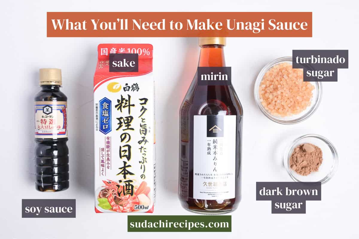 Ingredients needed to make unagi sauce on a white background with labels. From left to right: soy sauce, sake, mirin, turbinado sugar, dark brown sugar.