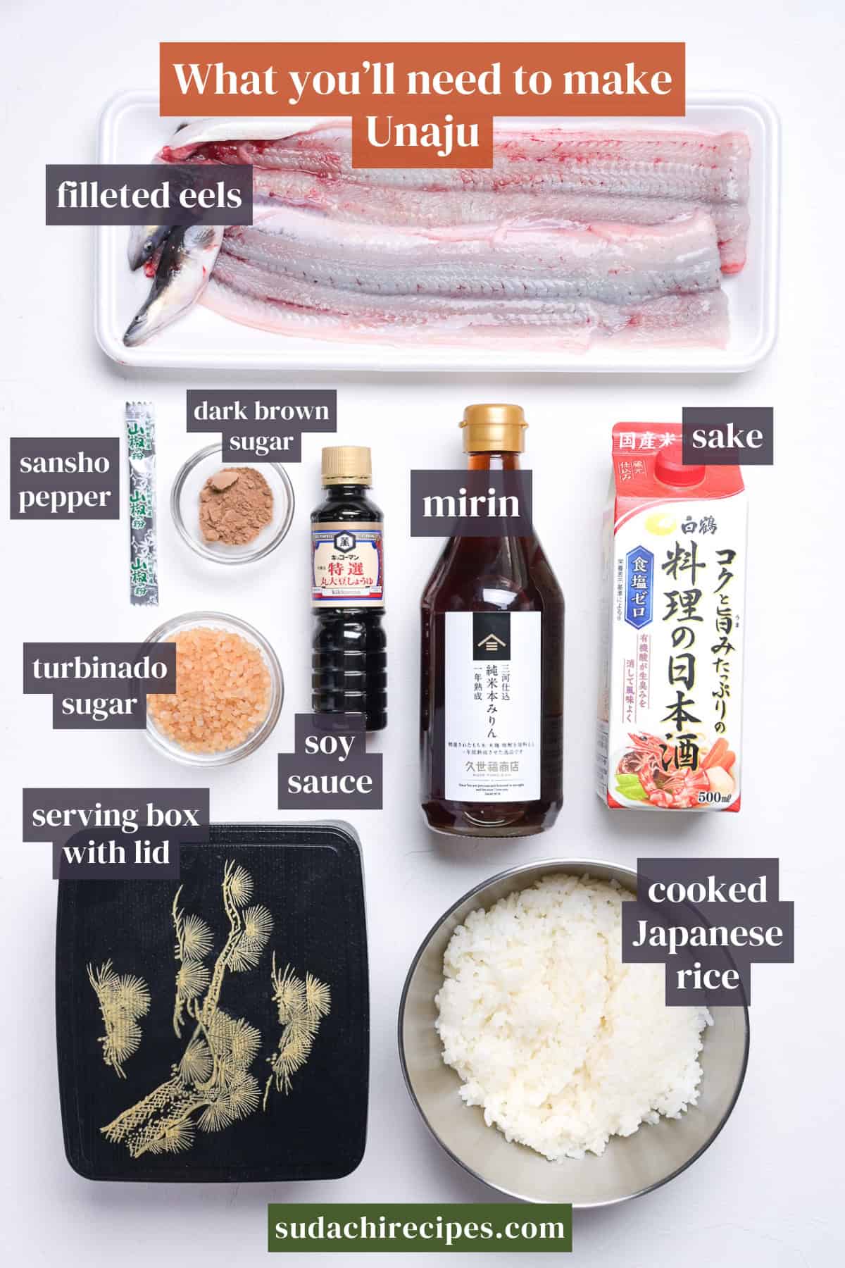 Ingredients needed to make unaju on a white background with labels. From top to bottom, left to right: filleted eels, sansho pepper, dark brown sugar, mirin, sake, turbinado sugar, soy sauce, serving box with lid, cooked Japanese rice.