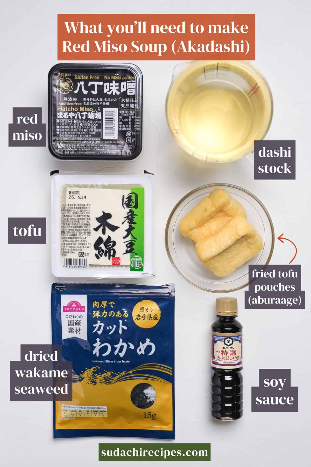 Ingredients you will need to make authentic red miso soup (akadashi) on a white background with labels. From top to bottom, left to right: red miso, dashi stock, tofu, fried tofu pouches (aburaage), dried wakame seaweed, and soy sauce.