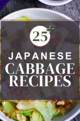 Japanese cabbage recipe roundup thumbnail with mugen cabbage with homemade furikake in the background