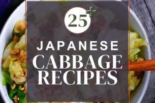 Japanese cabbage recipe roundup thumbnail with mugen cabbage with homemade furikake in the background