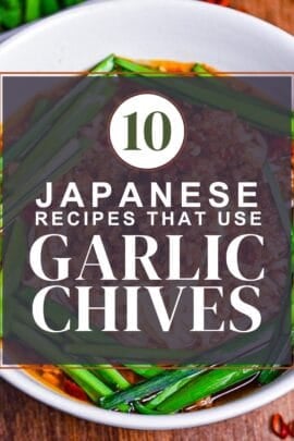 Japanese nira (garlic chive) recipe roundup thumbnail with Taiwan ramen in the background.