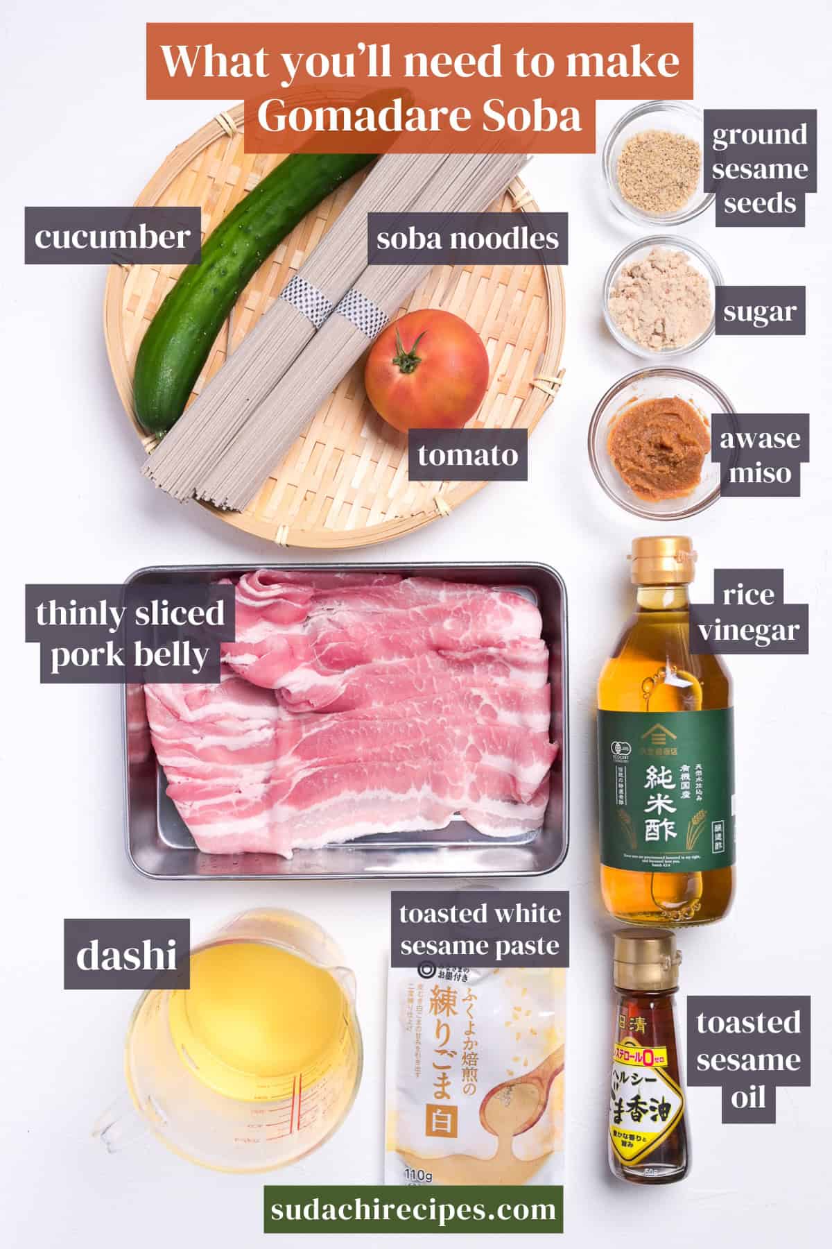 Ingredients you will need to make gomadare soba on a white background with labels. From top to bottom, left to right: cucumber, soba noodles, ground sesame seeds, sugar, tomato, awase miso, thinly sliced pork belly, rice vinegar, dashi, toasted white sesame paste, toasted sesame oil.