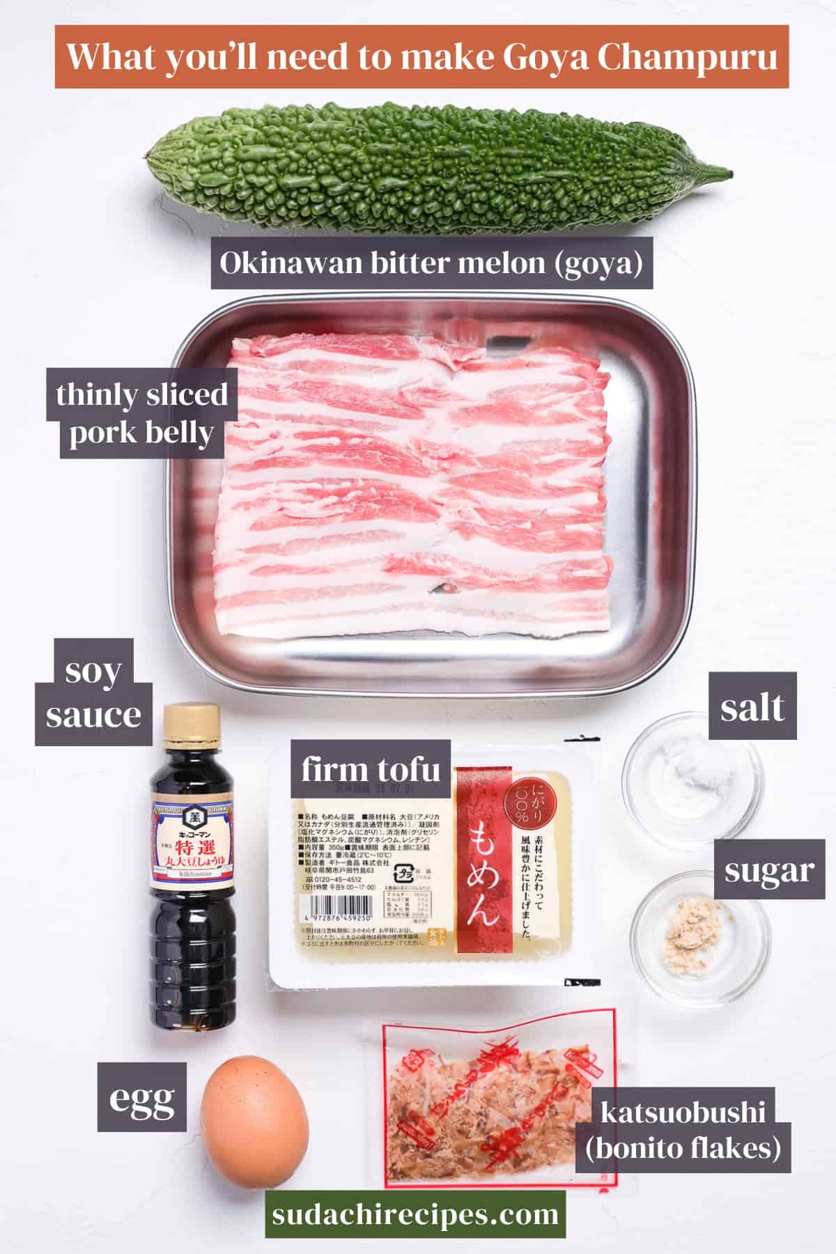 Ingredients needed to make goya champuru on a white background with labels. From top to bottom, left to right: Okinawan bitter melon (goya), thinly sliced pork belly, soy sauce, firm tofu, salt, sugar, egg, katsuobushi (bonito flakes).