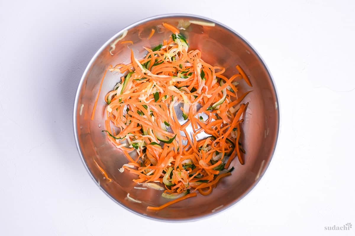 harusame salad vegetables in a mixing bowl