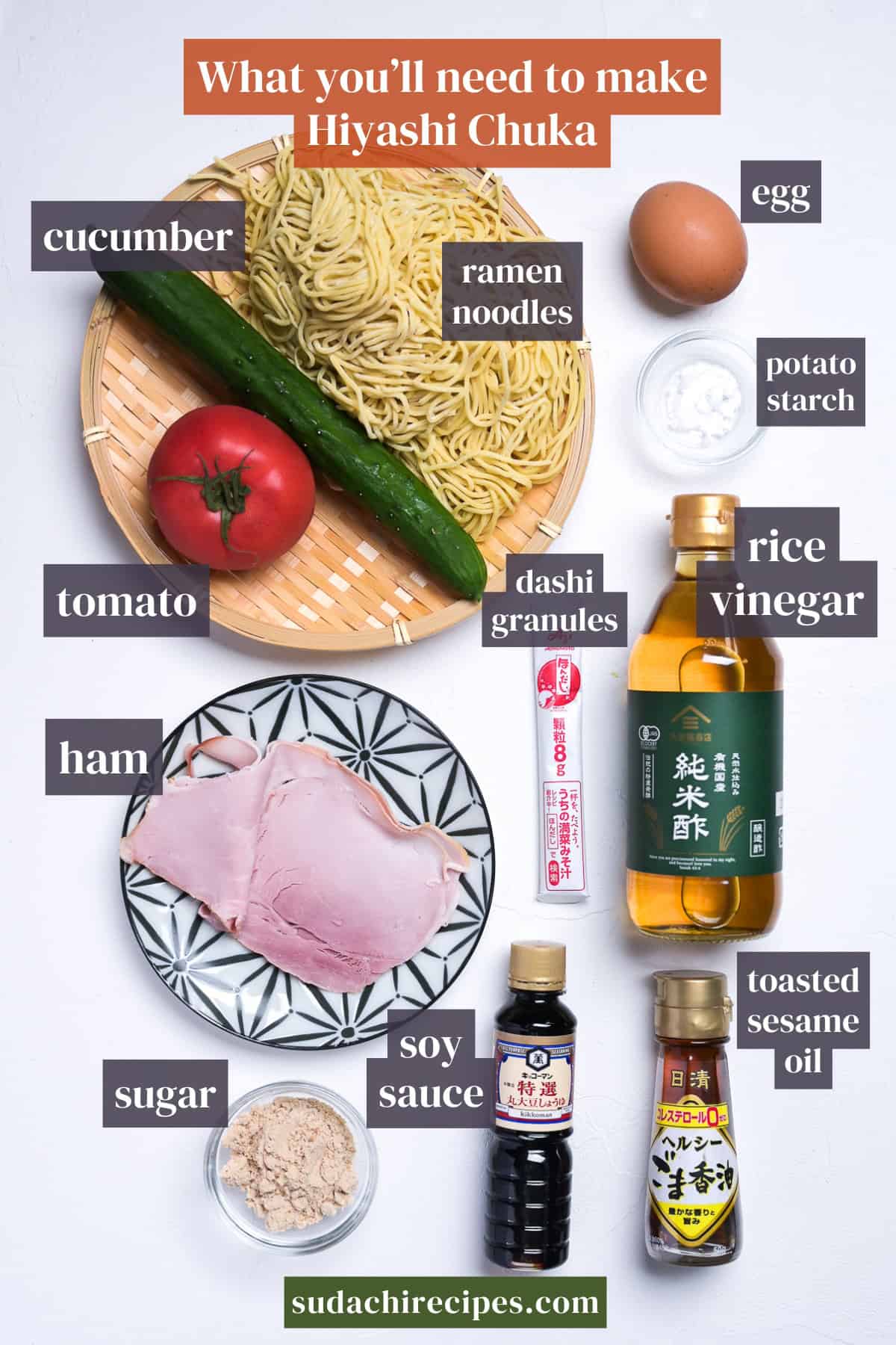 Ingredients needed to make hiyashi chuka on a white background with labels. From top to bottom, left to right: cucumber, ramen noodles, egg, tomato, potato starch, dashi granules, rice vinegar, ham, sugar, soy sauce, toasted sesame oil.