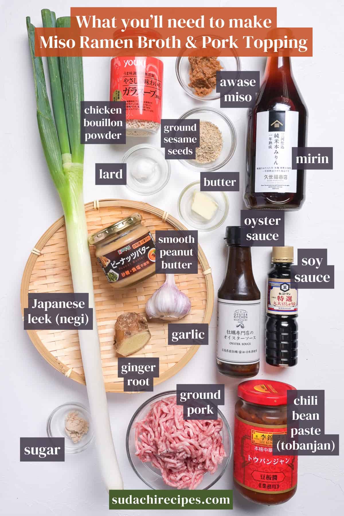 Ingredients you will need to make miso ramen and ground pork topping. From top to bottom, left to right: chicken bouillon powder, awase miso, ground sesame seeds, mirin, lard, butter, smooth peanut butter, oyster sauce, soy sauce, Japanese leek, garlic, ginger root, sugar, ground pork, chili bean paste (tobanjan).