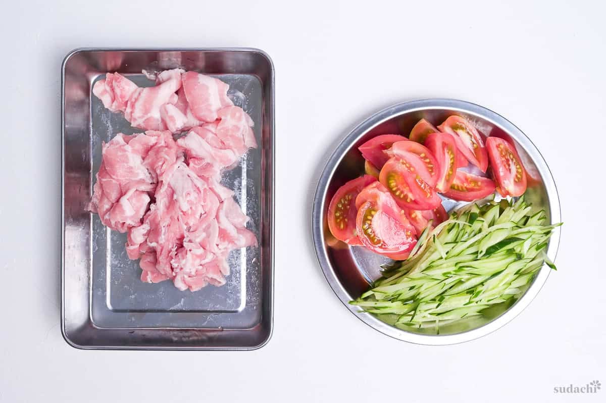 meat and vegetables prepped for gomadare soba