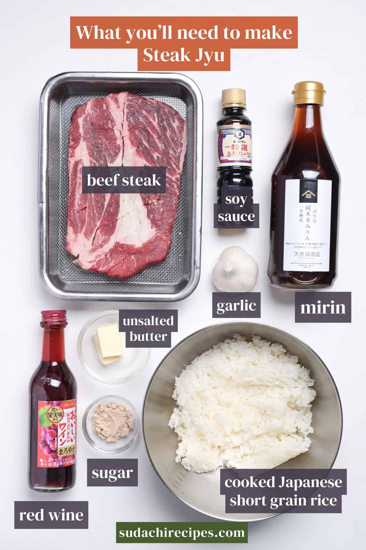 Ingredients needed to make Japanese Steak Jyu on a white background with labels. From top to bottom, left to right: beef steak, soy sauce, unsalted butter, garlic, mirin, sugar, red wine, and cooked Japanese short grain rice.