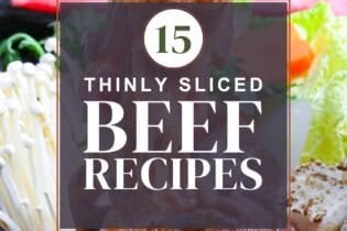 Thinly sliced beef recipe roundup thumbnail with beef sukiyaki in the background