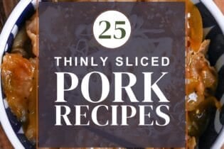 thinly sliced pork recipe roundup thumbnail with negishio butadon in the background