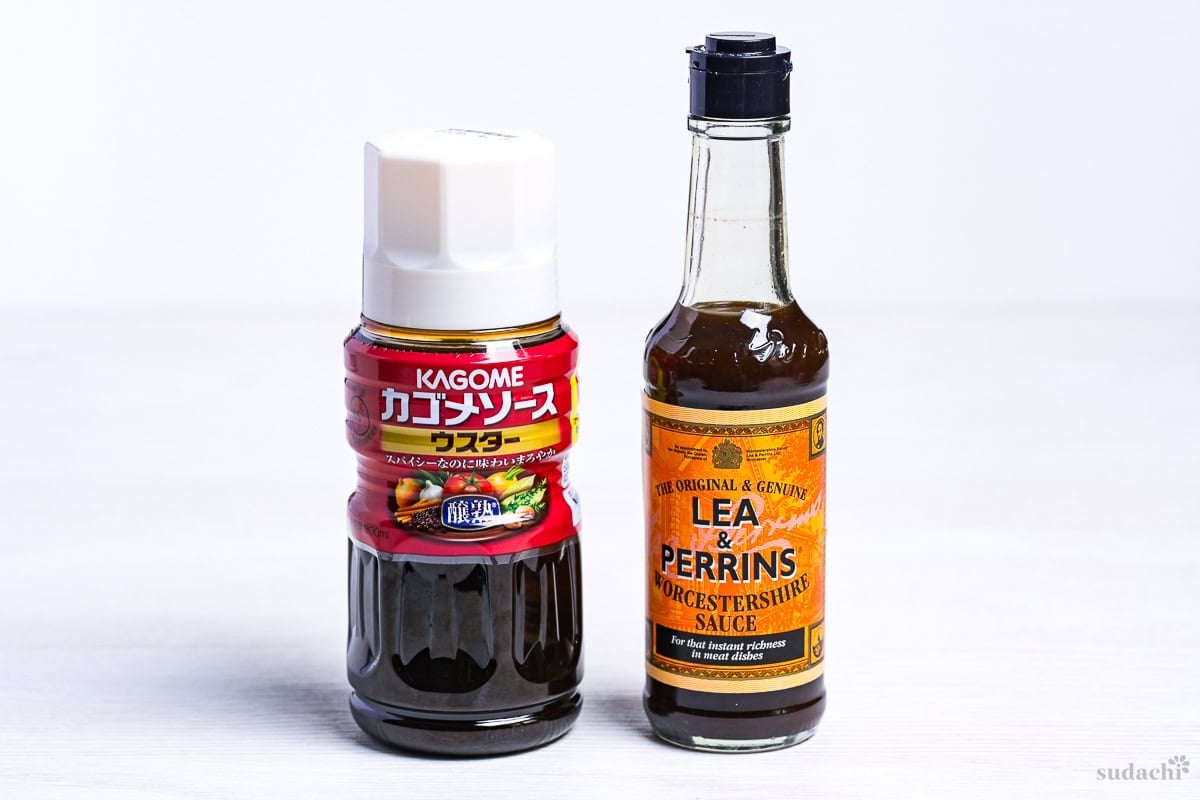Bottles of Japanese Kagome usutā sauce and Lea & Perrins Worcestershire sauce side by side